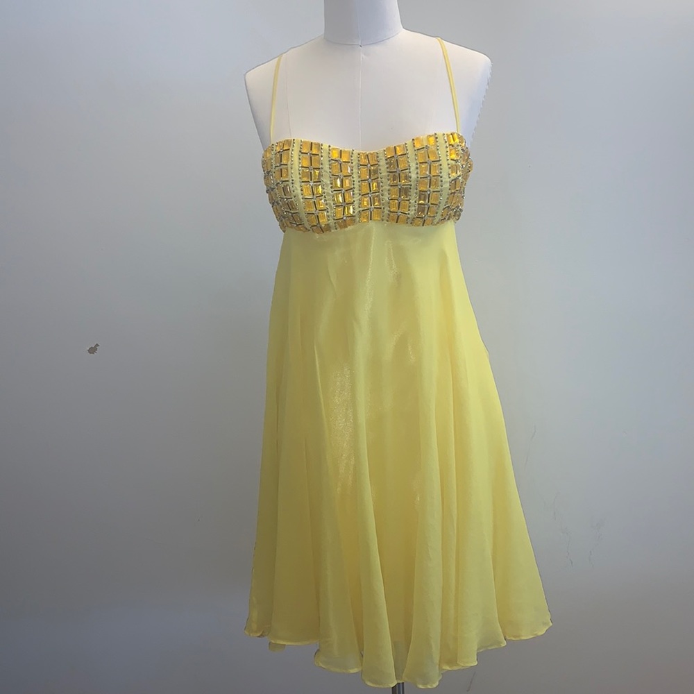 Aidan Mattox Niteline yellow silk jeweled spaghetti strap mini dress Size 6 - Picture 1 of 5